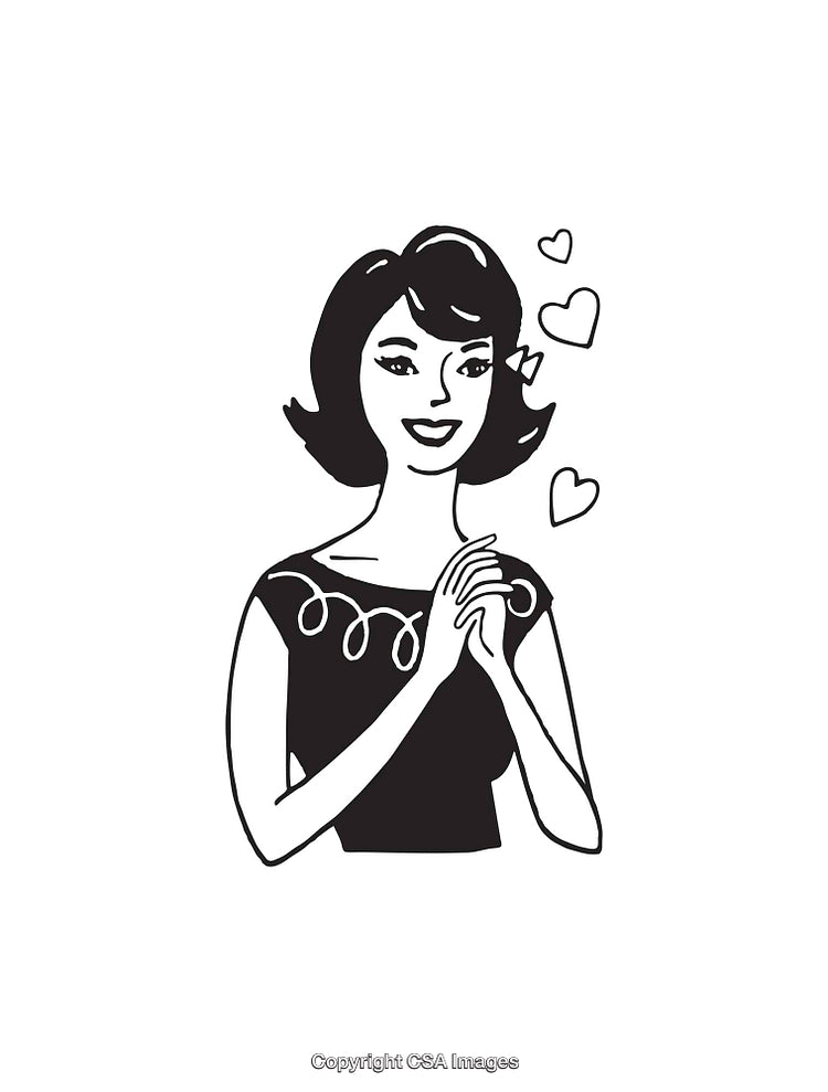 Smiling Woman Line Art With Hearts in Black and White Illustration