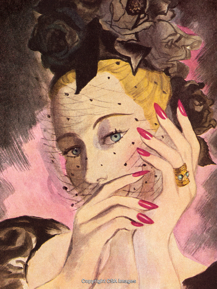 Elegant Vintage Woman With Veil and Flowers in Romantic Artwork