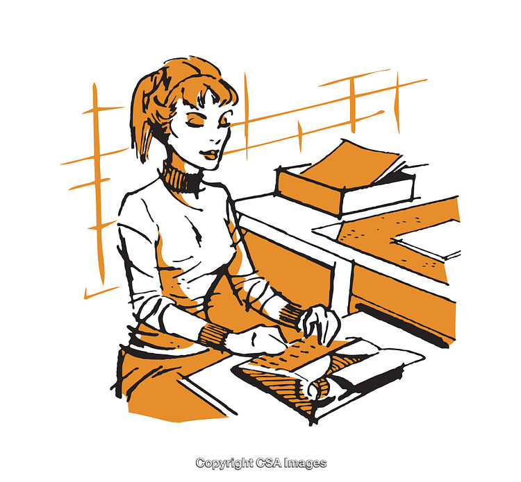 Illustration of a Woman Working at a Desk with Documents and Tools