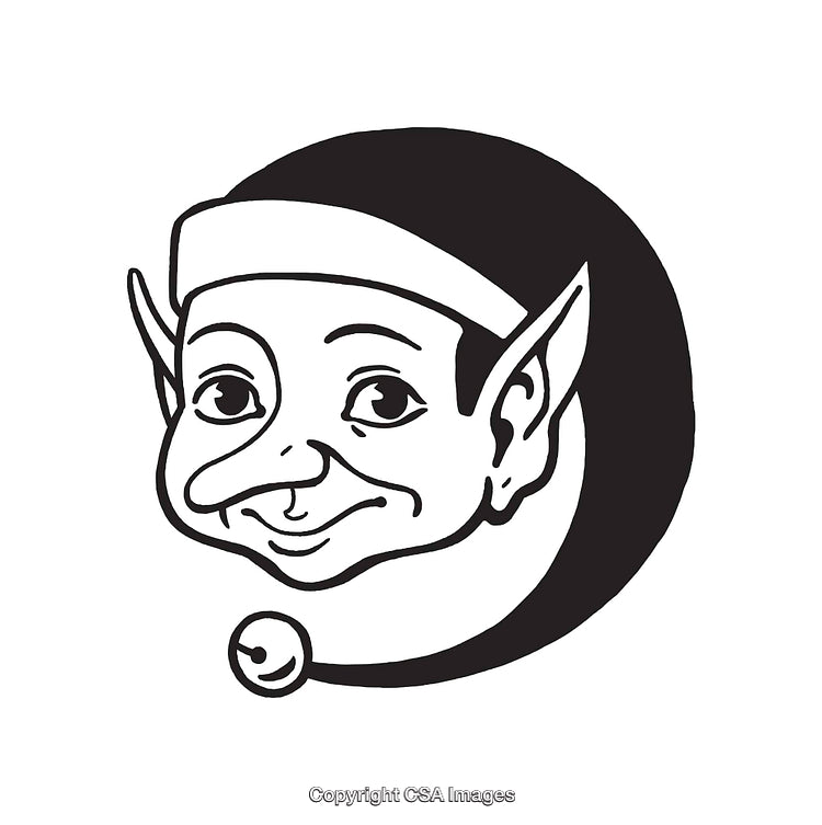 Black and White Illustration of a Smiling Elf Wearing a Festive Hat