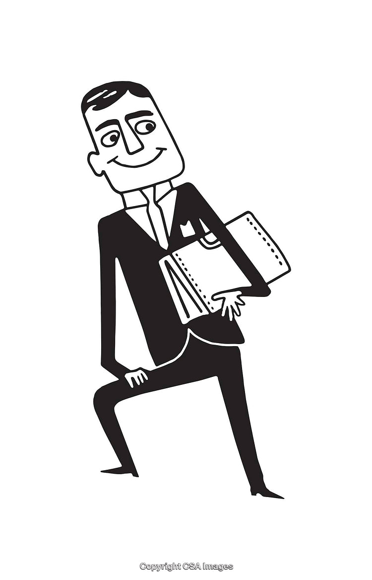 Black and White Illustration of a Smiling Businessman Holding Documents