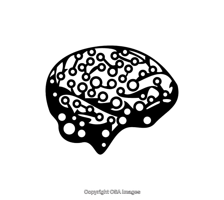 Stylized Black and White Brain Illustration with Technology Lines