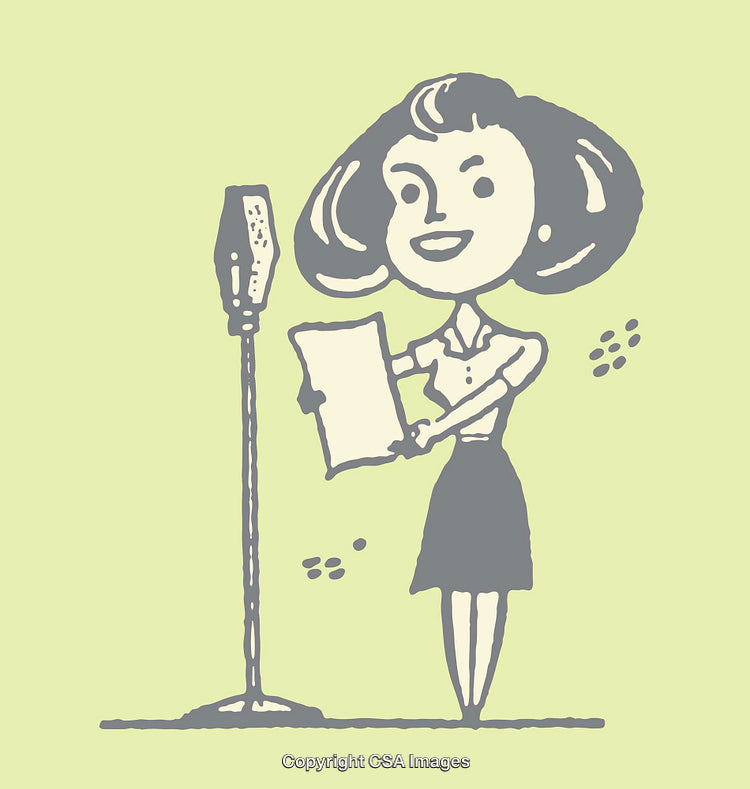 Retro Style Line Art of a Woman Announcing with a Microphone
