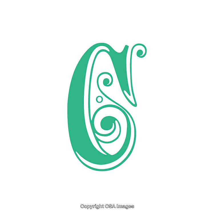 Decorative Green Letter C with Ornate Swirl Design On a White Background