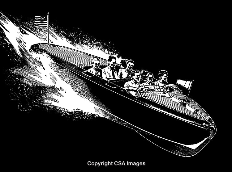 Vintage Black And White Engraving of Speedboat On Water With Seated Passengers