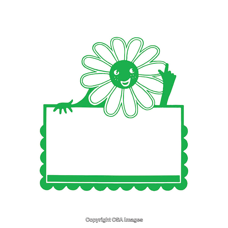 Smiling Daisy Cartoon with a Blank Banner Frame for Custom Text or Artwork