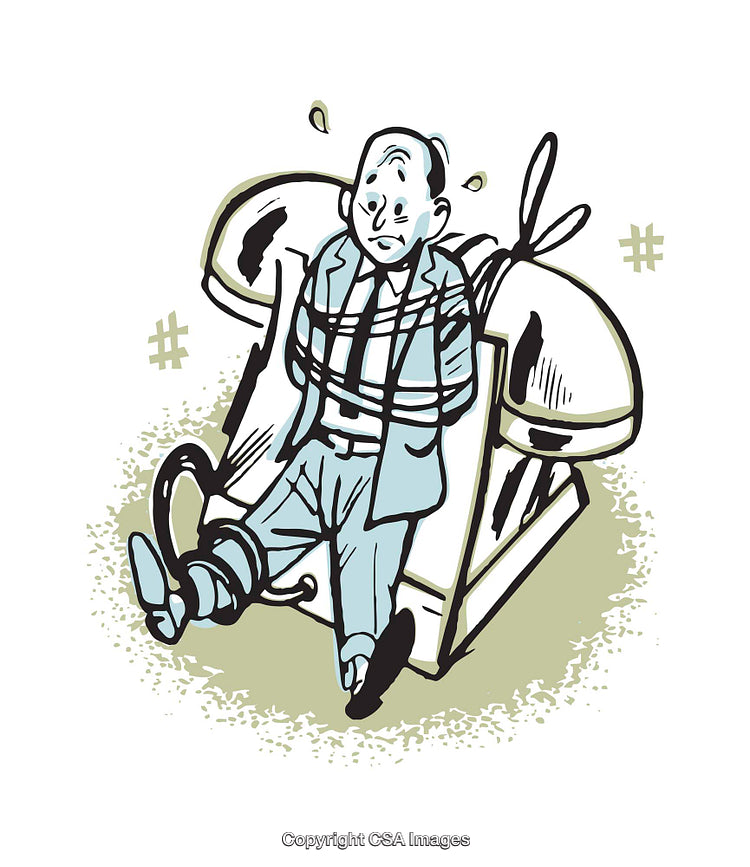 Illustration of a Man Tied to a Large Telephone with Rope