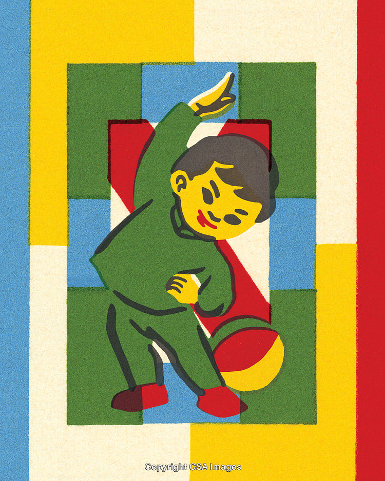 Colorful Illustration of a Child Playing with a Ball in Abstract Shapes