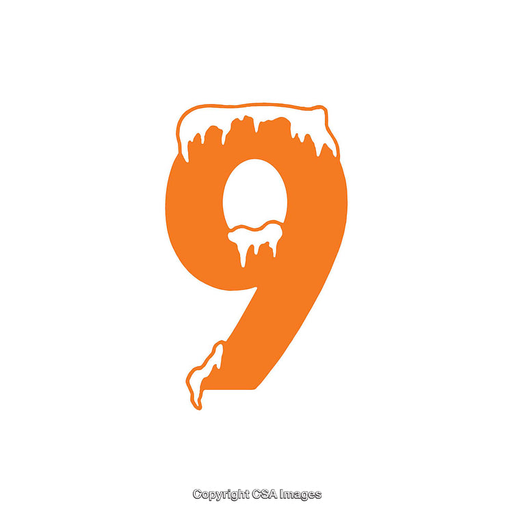 Orange Number Nine with Icicle-Like Snow Design on a White Background