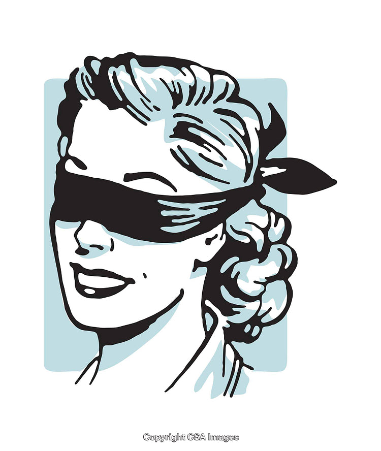 Retro Illustration Featuring a Blindfolded Woman in Colorful Artwork Style