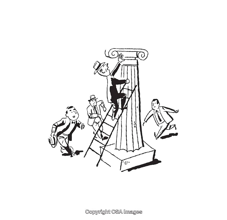 Businessmen Climbing a Ladder on a Column in Black and White Line Art
