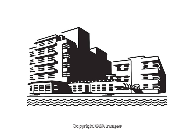 Black and White Line Art of a Modern Building by Water