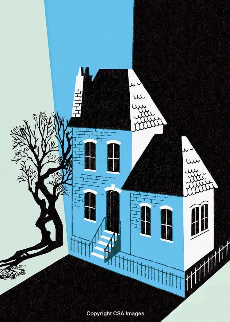 Illustrative Vintage Blue House with Tree and Dramatic Lighting