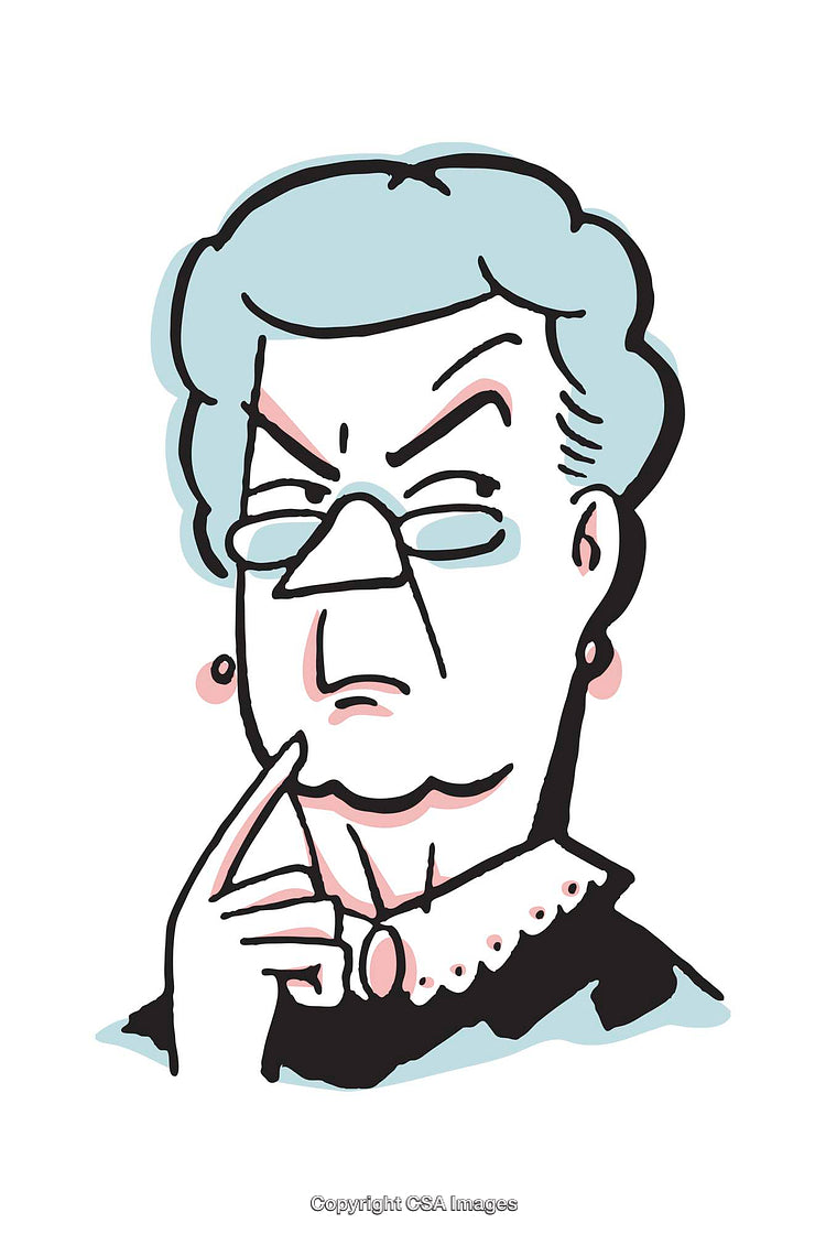 Cartoon Illustration of a Pensive Elderly Woman with Glasses and a Thoughtful Gesture