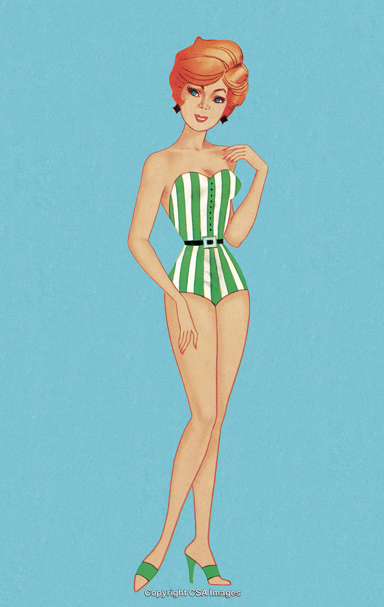 Retro Illustration of Woman in Green Swimsuit on Blue Background