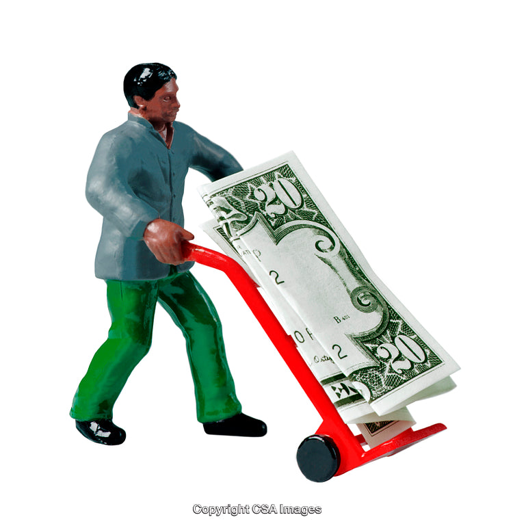 Toy Figure Pushing Money Stack on Bright Red Dolly