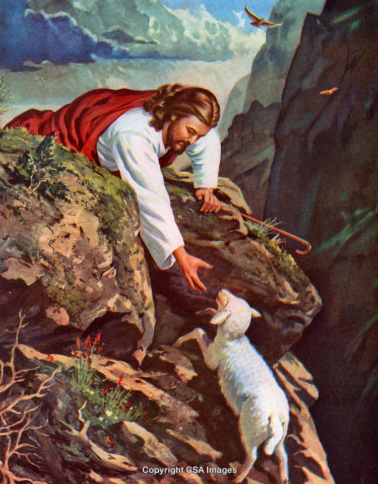 Man Rescuing a Perched Lamb on a Rocky Cliff Amid Dramatic Sky