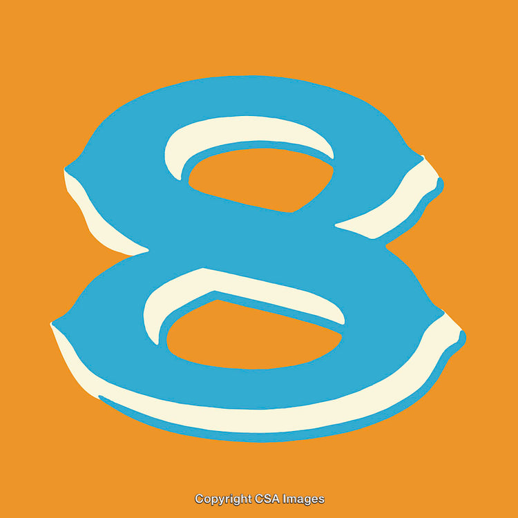 Stylized Blue Number Eight on Bright Orange Background Art
