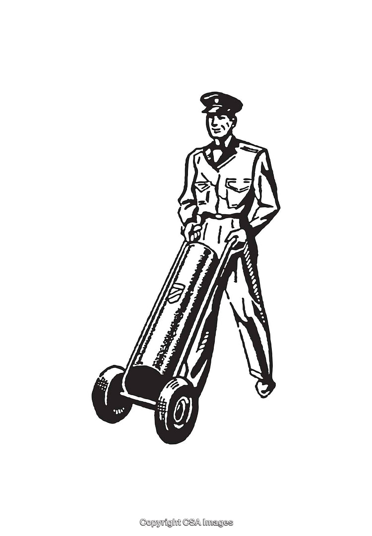 Vintage Line Art of Worker Pushing Cylinder Trolley in Uniform