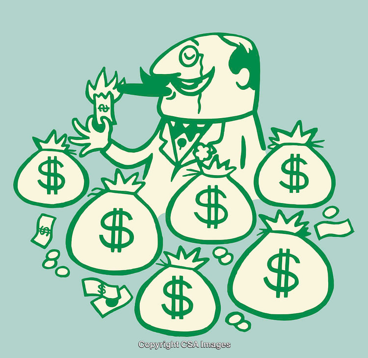 Cartoon Illustration of Wealthy Character Surrounded by Bags of Money