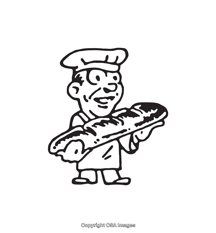 Black and White Illustration of a Baker Holding a Baguette