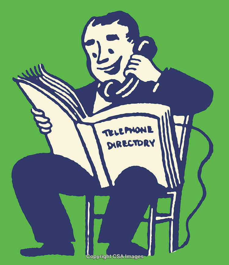 Illustration of a Man Reading Telephone Directory and Talking on Phone