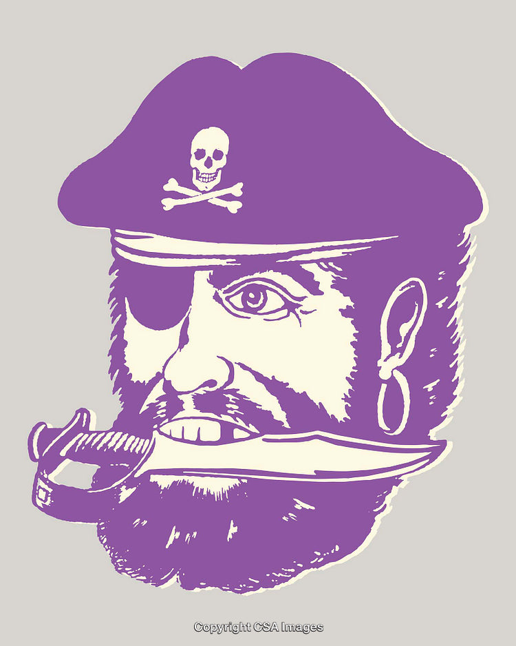 Purple Pirate Head Illustration with Eye Patch and Sword in Vintage Style