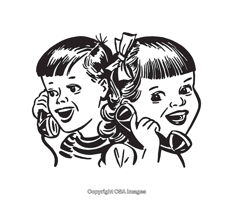 Retro Black and White Line Art of Two Happy Children on Phones