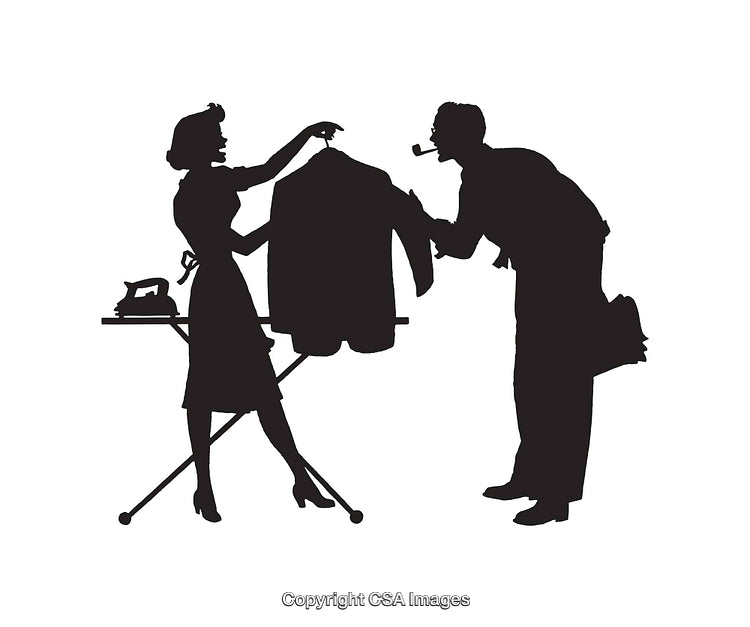 Vintage Silhouette Art of Domestic Life with Iron and Jacket