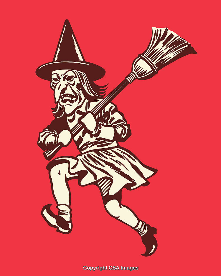 Vintage Style Witch Illustration Holding a Broomstick on Red Background