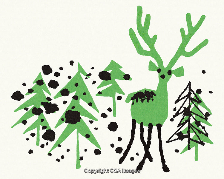 Stylized Green Deer in Abstract Forest with Black Accents