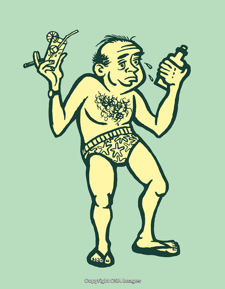 Cartoon Illustration of an Overheated Man with Summer Drinks