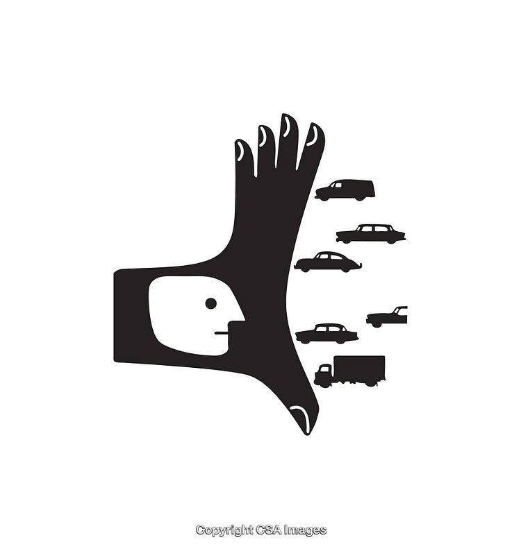Creative Black and White Illustration Featuring Hand and Vehicle Icons