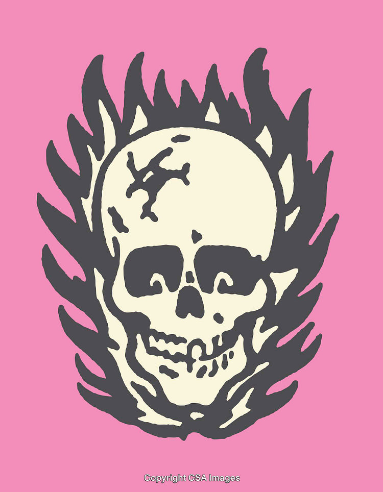 Flaming Skull Illustration on Vibrant Pink Background Cartoon Style Artwork