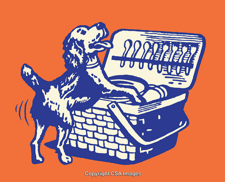 Retro Illustration of a Joyful Dog Exploring a Picnic Basket