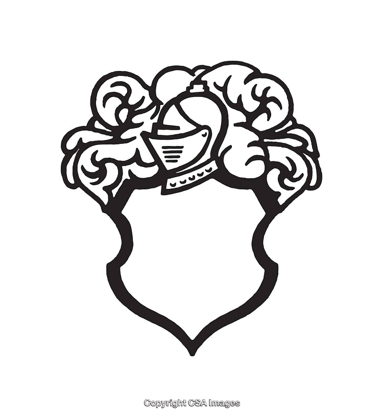 Ornamental Black and White Line Art Shield with Decorative Helmet Design
