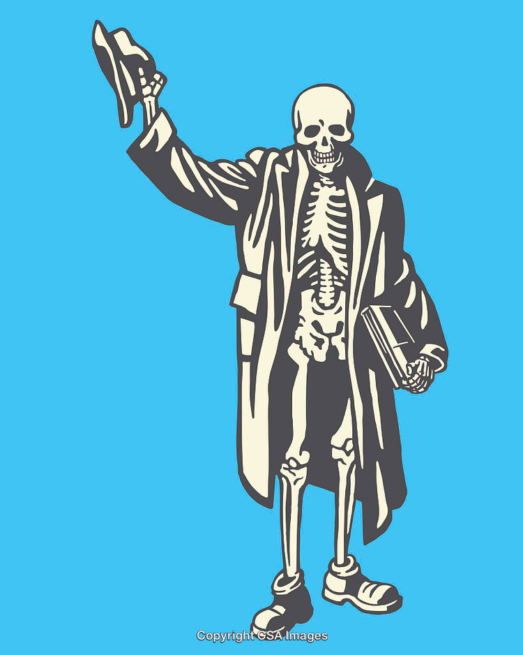 Skeleton Wearing Overcoat Tipping Hat in Colorful Line Art Illustration