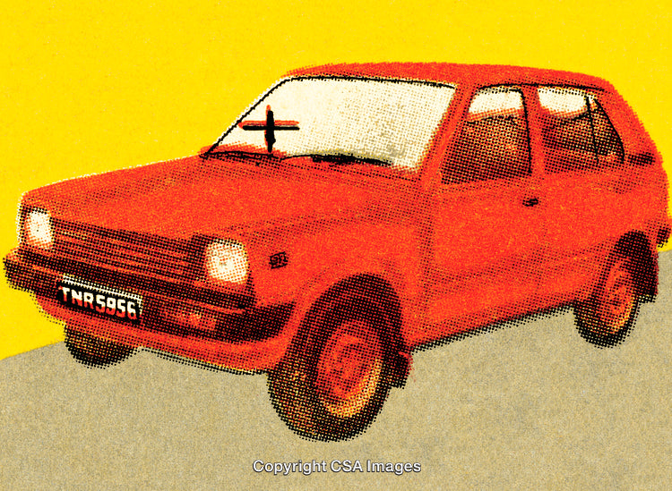 Red Vintage Car Illustration on Vibrant Yellow Background in Artistic Style