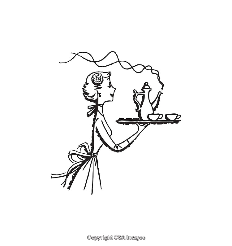 Elegant Black and White Line Art of a Waitress Serving Tea