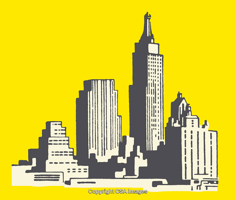 Stylized Urban Skyline Illustration Against Vibrant Yellow Background