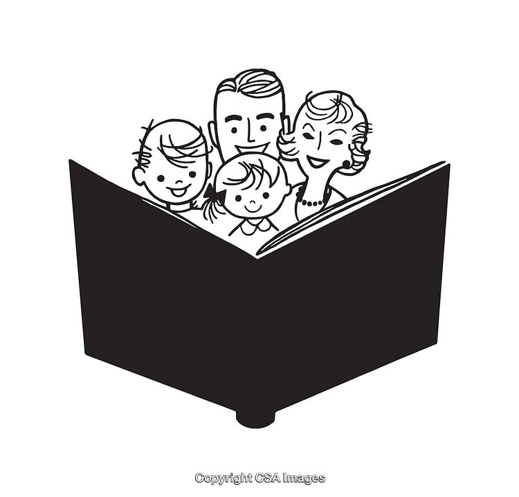 Family Reading Together Displayed in Black and White Line Art