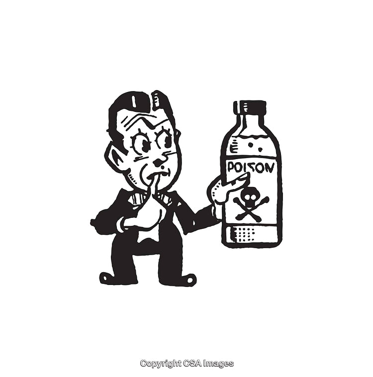 Retro Black and White Illustration of a Man with a Poison Bottle