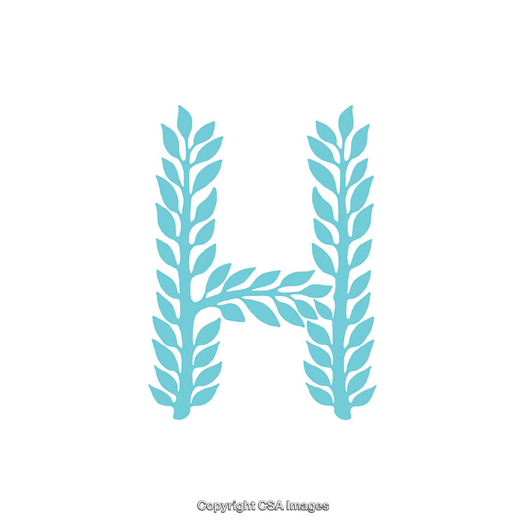 Decorative Letter H Made from Blue Leaf Motifs on White Background