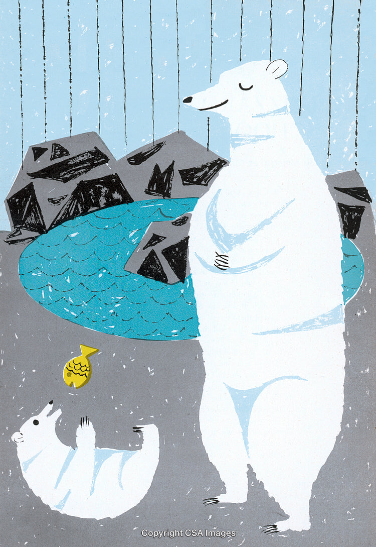 Illustration of Polar Bears in Arctic Landscape Bonding Over a Fish
