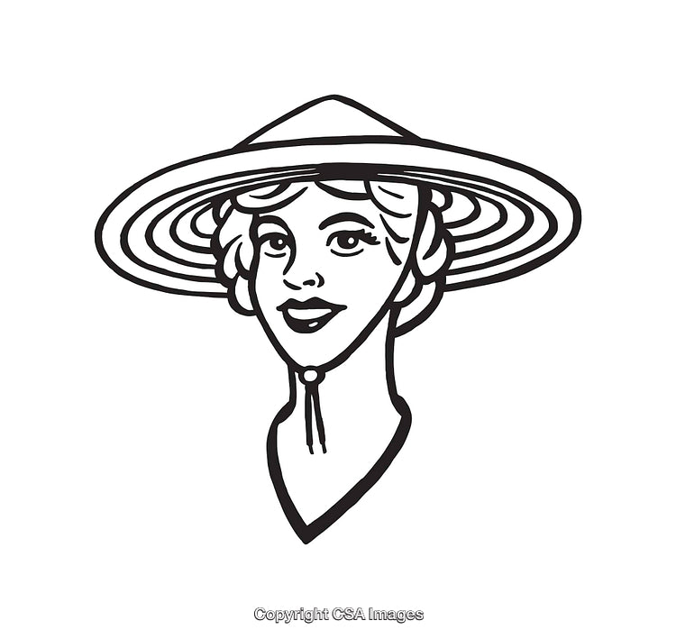 Vintage Line Art Illustration of a Woman in a Wide-Brimmed Hat