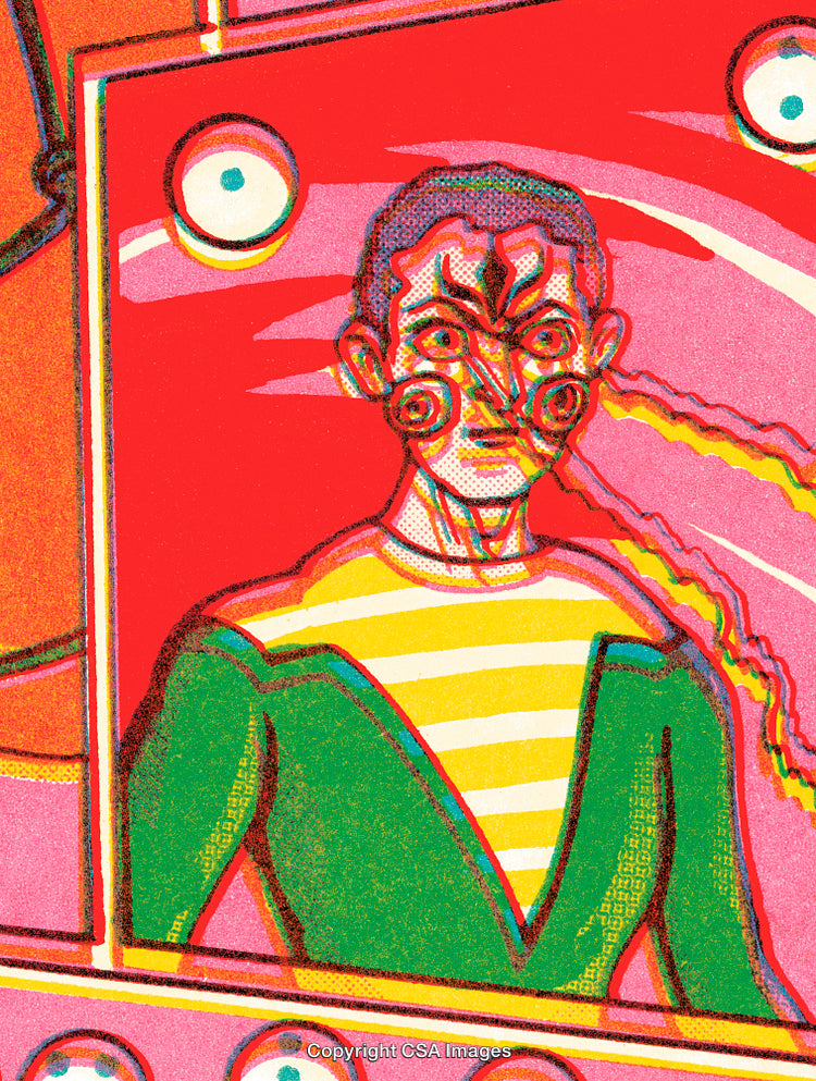 Colorful Abstract Illustration Depicting Surreal Human Portrait with Psychedelic Patterns