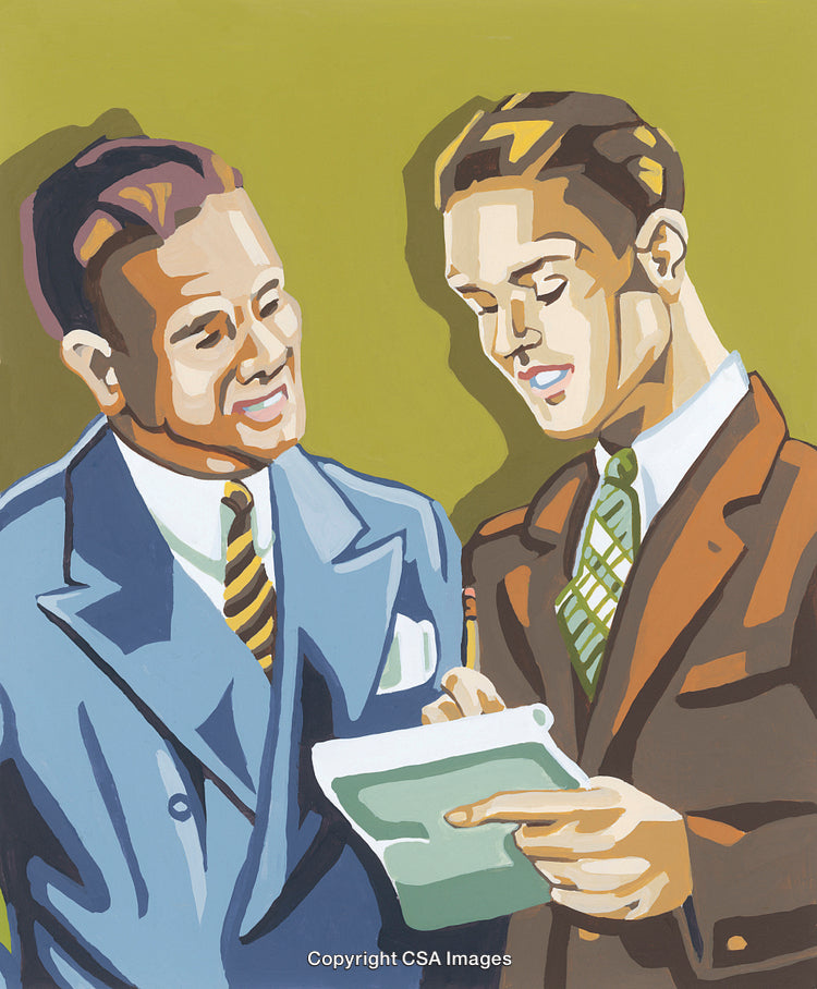 Retro Businessmen Collaborating and Reviewing Documents in a Paint-by-Number Style