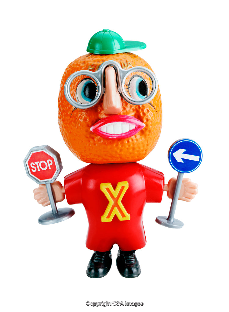 Quirky Orange-Shaped Toy Figure With Traffic Signs and Glasses