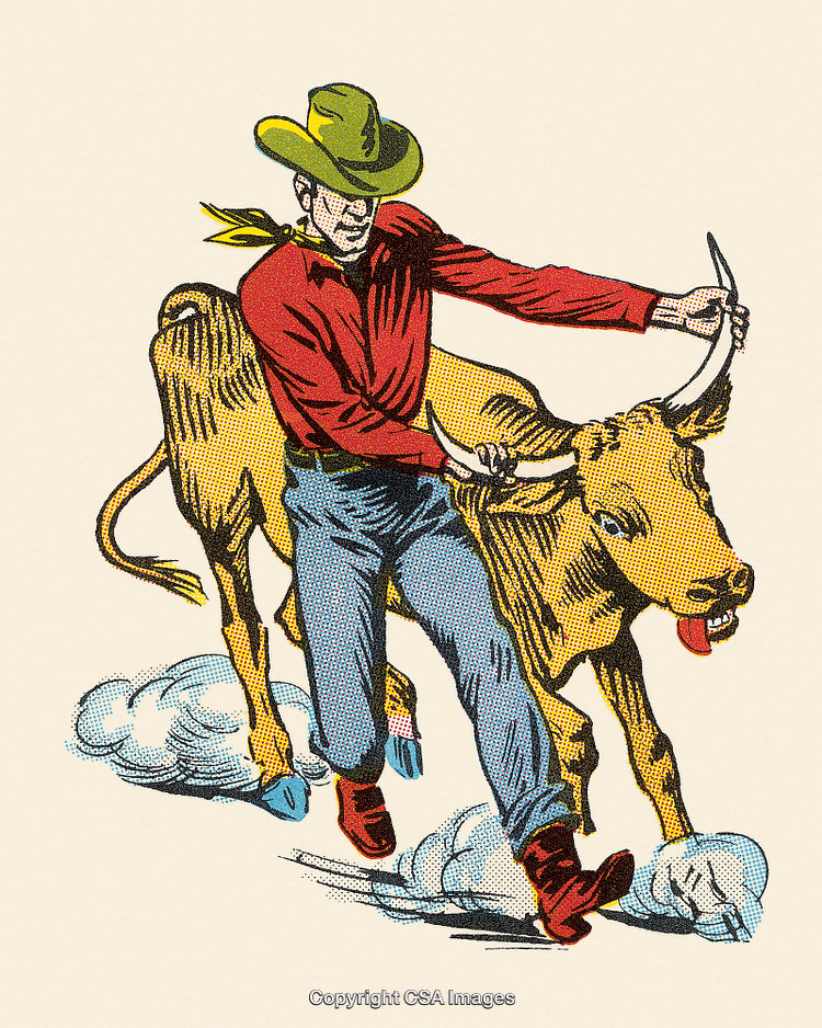 Western Cowboy Wrestling a Steer in Motion Artwork Illustration