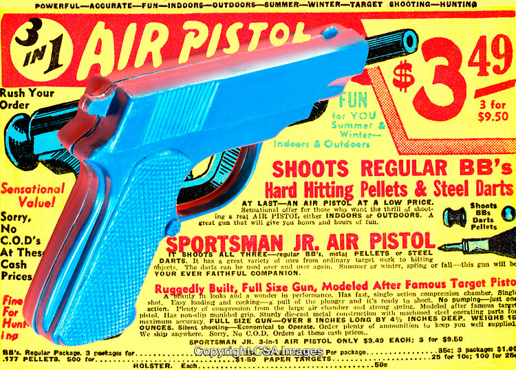 Vibrant Retro Advertisement Featuring a Colorful Toy Air Pistol